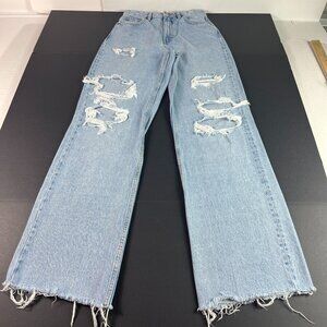 Zara Jeans Women's 27x33* High Rise Wide Leg Blue Distressed Raw Hem Denim Tag 4
